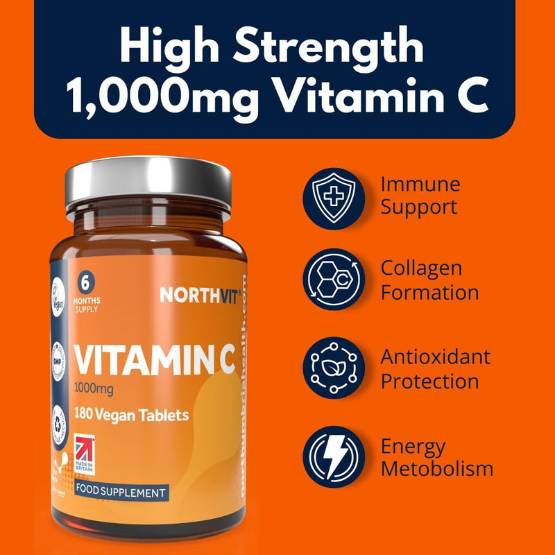 Vitamin C 1000mg – 180 Vegan Tablets (6-Month Supply) – High Strength Immune & Collagen Support – Made in UK – GMO & Gluten Free 180 count (Pack of 1)