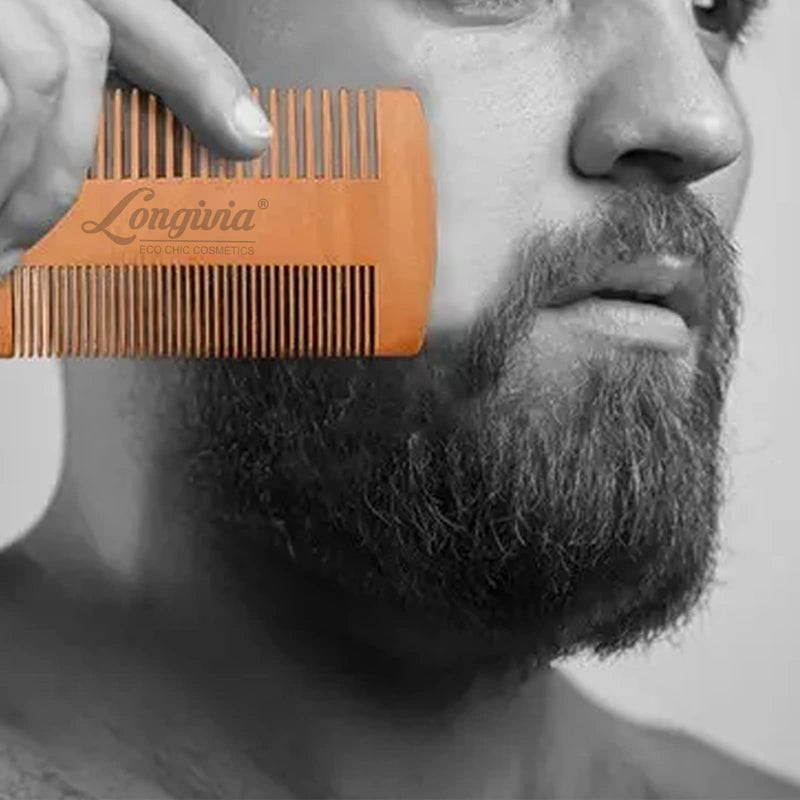 [Australia] - Longivia® Beard Comb Wood Ecological 100% Pear Wood Beard Comb Wood Beard Care for Men Wooden Comb Coarse and Fine Prongs Set - High Quality Beard Comb 