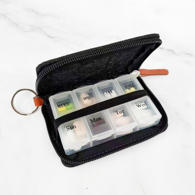 Pill Case for Vitamin and Supplement Organizer, EFFIET 7-Day Portable Cute Little Pill Box with Fabric Cover (Dark Grey) Dark Grey