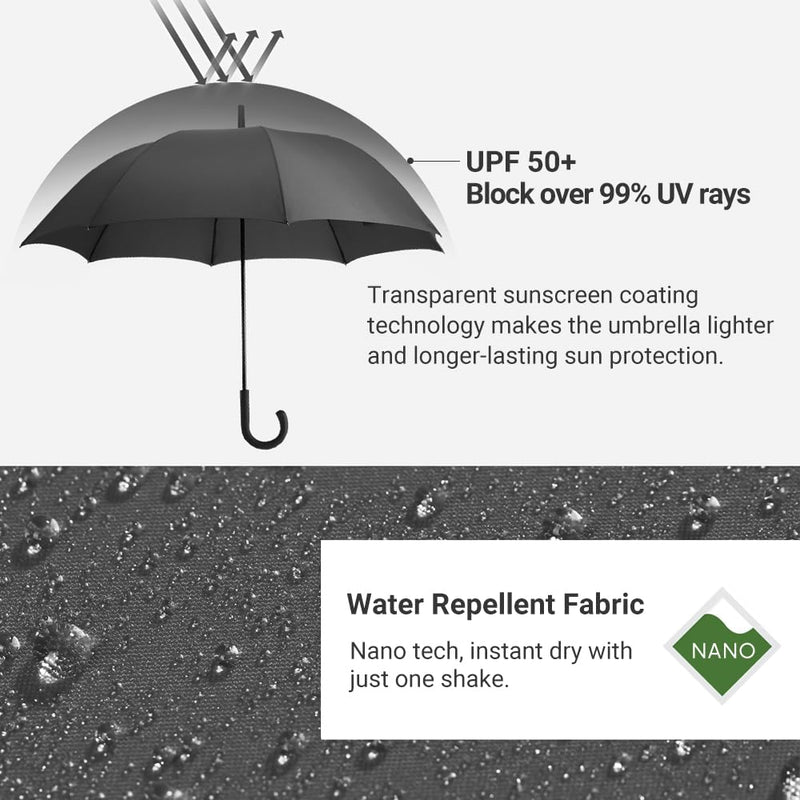RUMBRELLA Black Umbrella with Hook Handle Stick Umbrella Auto Open 54IN | UPF 50+ Windproof Umbrella for Adults Fits 2 People, J Hook Handle, Fast-Drying