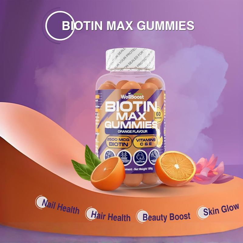 WellBoost Biotin Gummies – 2500mcg Biotin, 25mg Vitamin C & 6.2mg Vitamin E – Vegan with Orange Flavour – Hair, Skin & Nails Support – Adults (1 Month Supply)