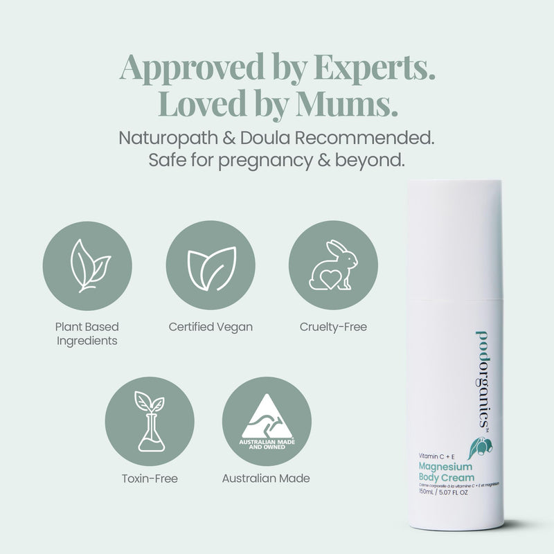 Magnesium Body Lotion - Cruelty Free Pregnancy & Postpartum | Relieves Leg Cramps, Restless Legs & Muscle Tension - Nurturing Vitamin C + E + Magnesium Cream for Deep Hydration 150ml