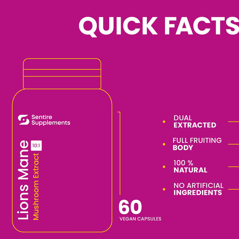 Sentire Lions Mane Mushroom Capsules - 1500mg High Strength 10:1 Extract - Full Fruiting Body - Focus, Memory & Clarity - 60 Capsules - 100% Natural, No Artificial Ingredients