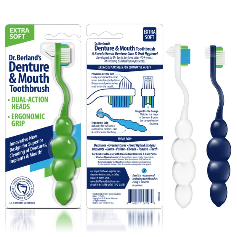[Australia] - Dr. B Dental Solutions Ergonomic Denture Toothbrush Extra Soft Bristles, Removes Stains & Odor Precision Design for Implants & Overdentures Single Blue Pack 
