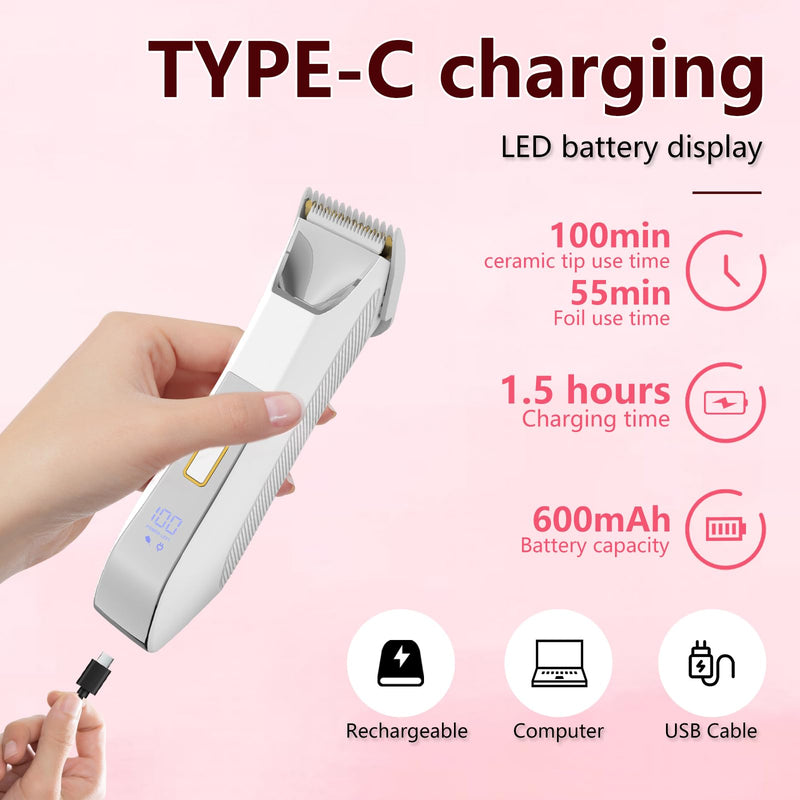 [Australia] - 2-in-1 Electric Bikini Trimmer for Women, Dual Head Shaver for Body & Pubic Hair, Painless Smooth, No-Nick Shaving, IPX7 Waterproof, Lightweight with Travel Lock, LED Display White 