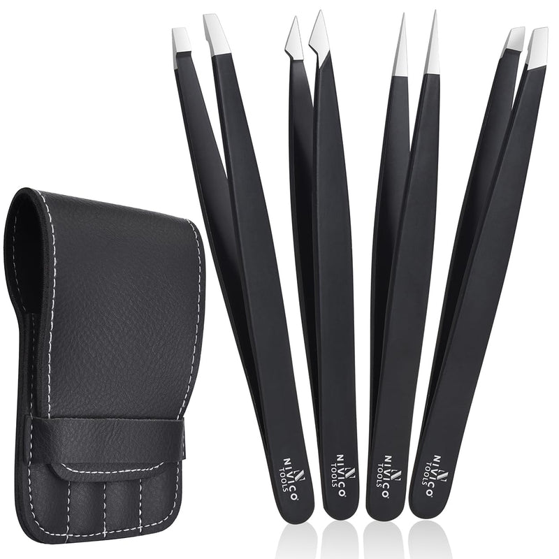 NIVICO Tweezers Set with Leather Pouch – Professional Stainless Steel Tweezers for Eyebrows Precision Facial Ingrown Hair Removal (Black)