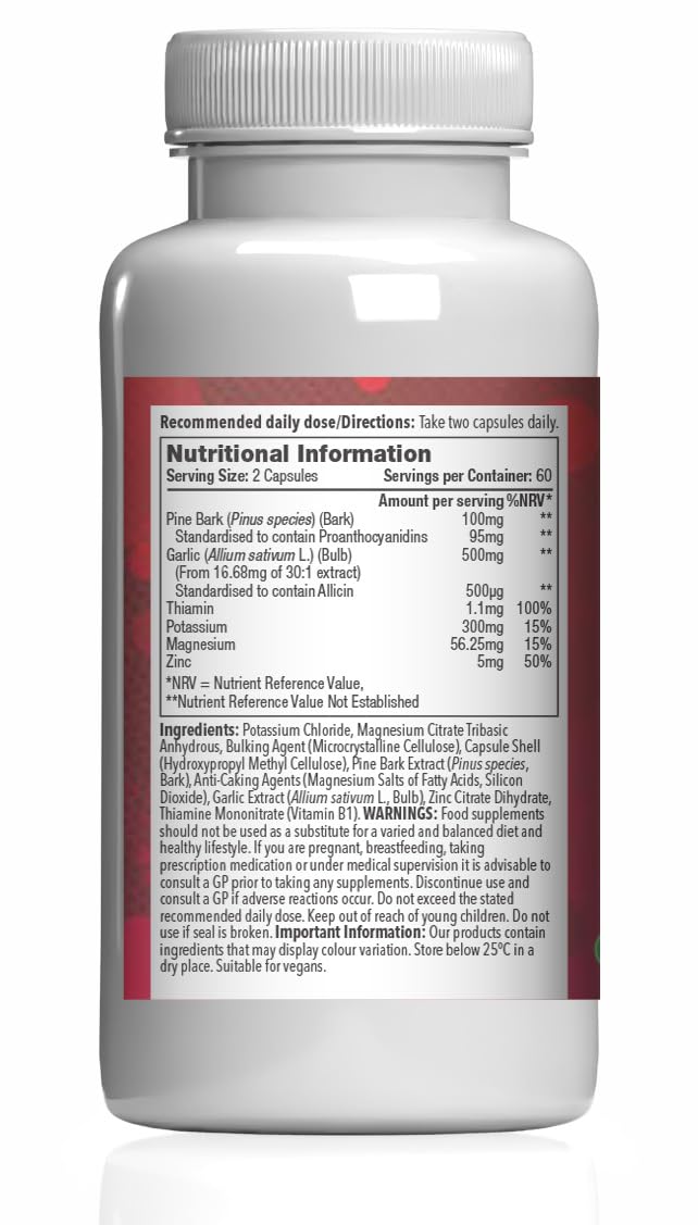 Blood Pressure Formula | with Garlic, Magnesium & Potassium | Vegan & Vegetarian Friendly | 120 Capsules = 2-Months’ Supply | Manufactured in The UK in Accordance with GMP Standards New Label Design