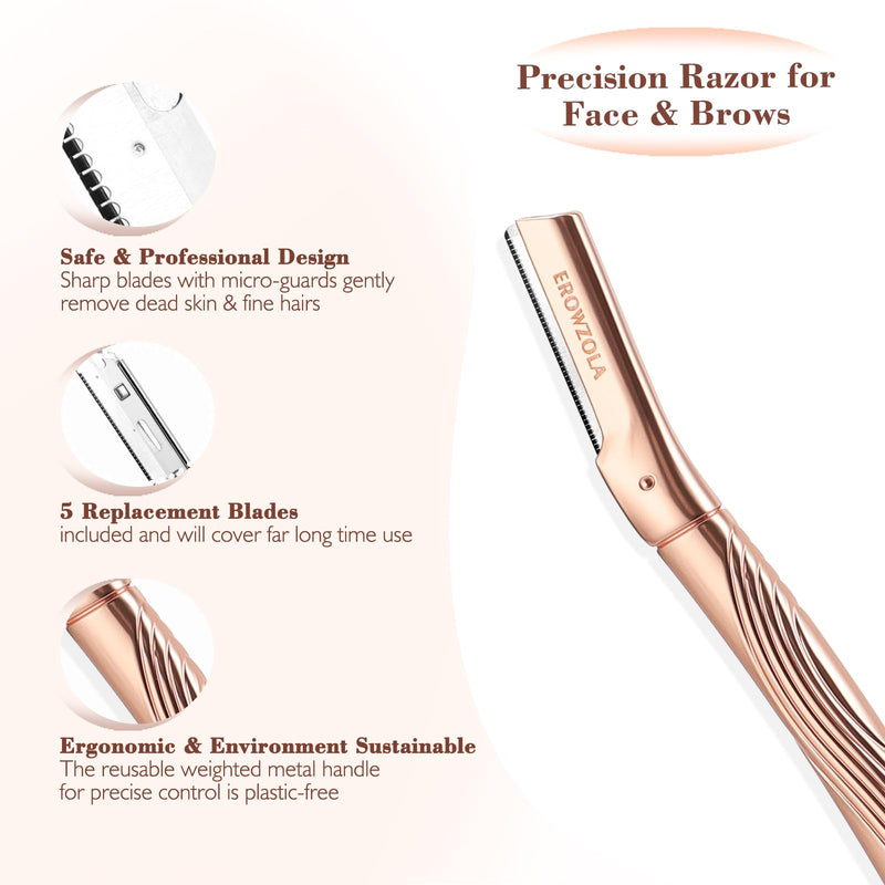 [Australia] - Eyebrow Razor, Face Razors for Women and Men, Reusable Metal Handle with 6 Refill Blades, Eyebrow Trimmer with Precision Cover, Dermaplane Razor, Skin Care Tool - Rose Gold 