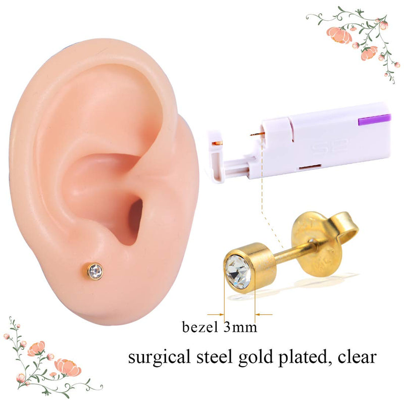 2PCS Disposable Ear Piercing Kit Ear Piercing Gun Self Use Ear Piercings Kit Cartilage Piercing Gun with Hypoallergenic Earrings(3mm,24kt Gold) 3mm CZ,24Kt Gold