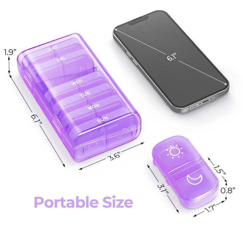 AUVON Weekly Pill Organizer 2 Times a Day, One-Side Large Opening, Easy‑Use | XL AM PM Pill Case, Travel Pill Box 7 Day, Medication Organizer for Medications, Vitamins, Fish Oils, Supplements, Purple
