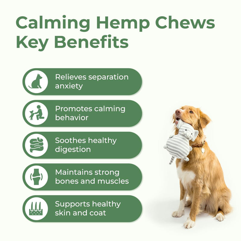 Calming Hemp Chews for Dogs - Relieve Anxiety & Stress - Organic Hemp, Chamomile, Protein Powder, Valerian Root - Natural Calming Aid - Vet Formulated, USA Made - Duck Flavor - 120 Count - PawsPlanet Australia