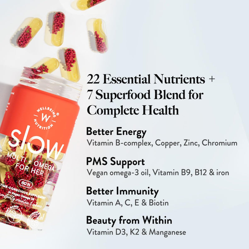 Wellbeing Nutrition Slow | Multivitamin for Her | 100% RDA of 22 Essential Vitamins & Minerals | Astaxanthin & Cranberry in Vegan Omega Oil | Energy, Immunity, Skin & Hair, PMS Support (60 Capsules)