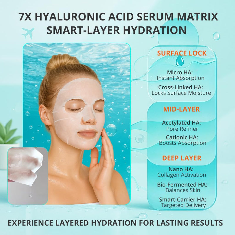 Korean Face Mask, Hydrating Sheet Mask with Hyaluronic Acid Serum | Face masks for women with collagen activation and vitamin C; Korean sheet mask for skin care, travel essentials, 30mlx10pcs 1 Count (Pack of 10)