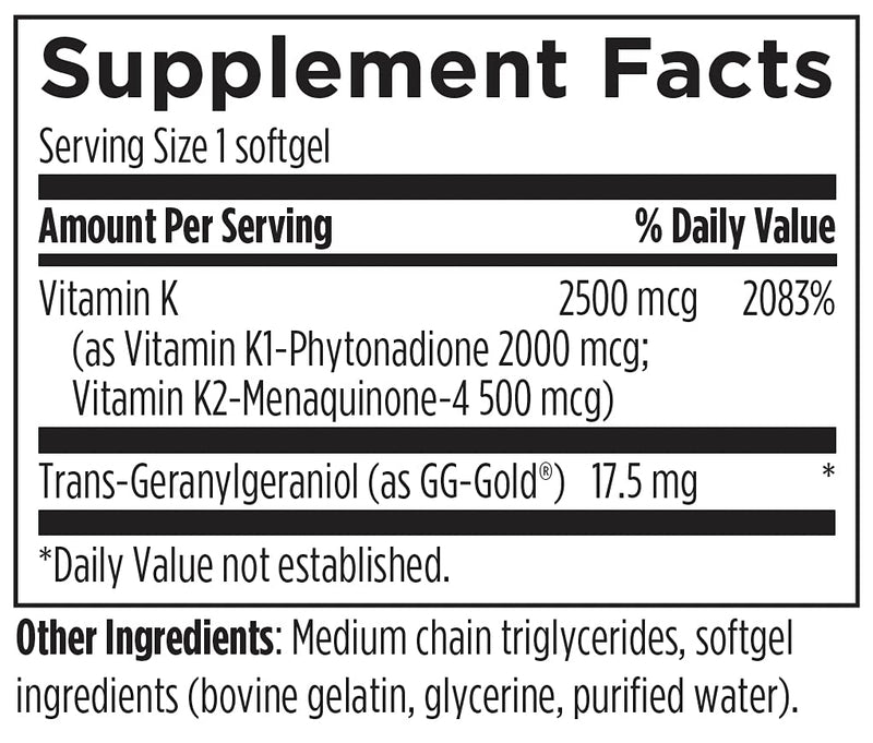 Designs for Health TRI-K - Three Forms of Vitamin K + GG, High Potency Supplement - 2000mcg Vitamin K1, 500mcg K2 MK-4 - Non-GMO + Gluten Free (60 Softgels) Standard Packaging