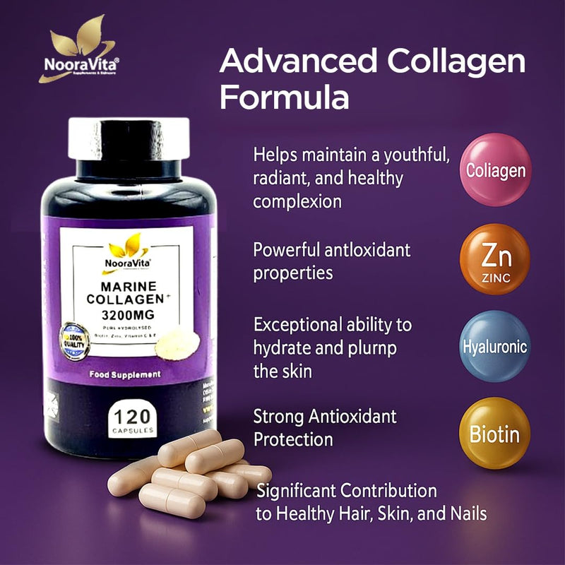 Marine Collagen Plus 3200MG. 120 Capsules – a Premium Blend of Pure Hydrolysed Marine Collagen, Fortified with Biotin, Zinc, Vitamin C & E. Gluten Free, GMO Free and Halal.