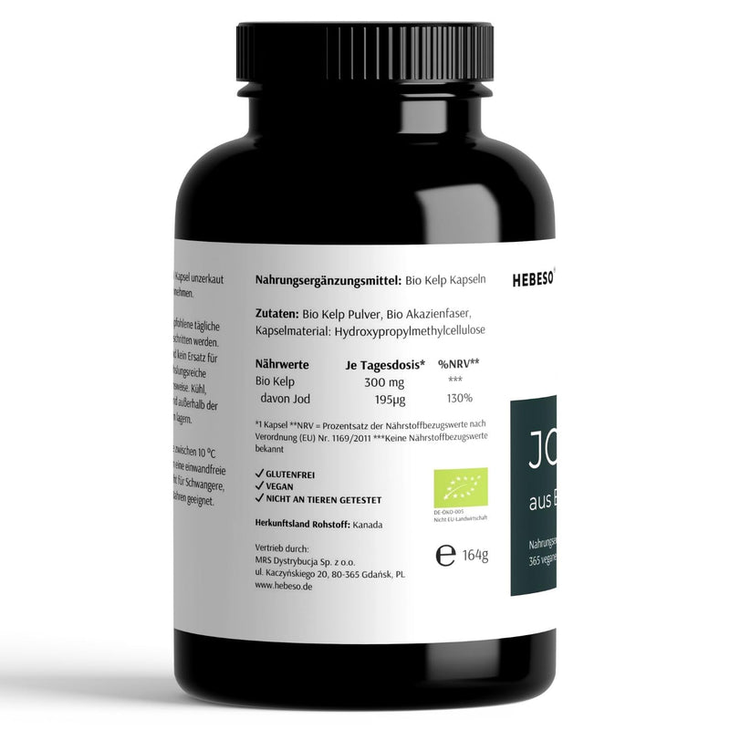 [Australia] - HEBESO® IOD made from organic kelp - 365 vegan capsules - with 195 µg natural iodine per capsule - high-dose extract from brown algae - enriched with organic acacia fibers for intestinal health 