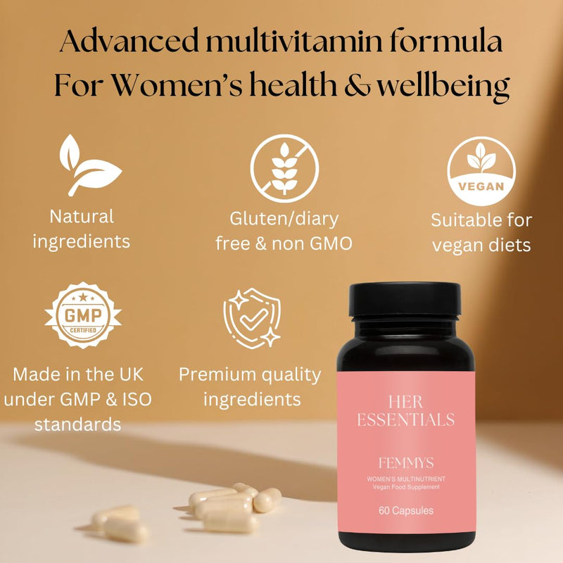 Women’s Multivitamins & Minerals with Hyaluronic Acid & Biotin | 26 Essential Vitamins, Minerals & Botanicals | Optimal doses | Vegan & Gluten Free | No Synthetic fillers | 60 Caps | Her Essentials 60 count (Pack of 1)