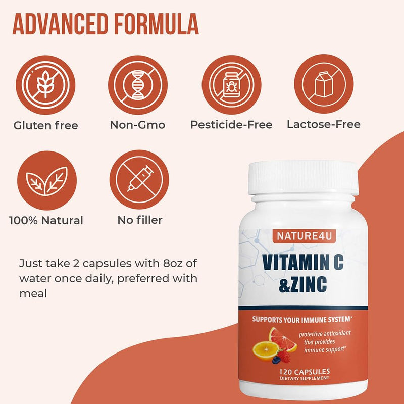 Vitamin C 1000mg with Zinc, Rose Hips and Citrus Bioflavonoids, Immune Support Supplement Antioxidants Protection, 120 Capsules 120 Count (Pack of 1)