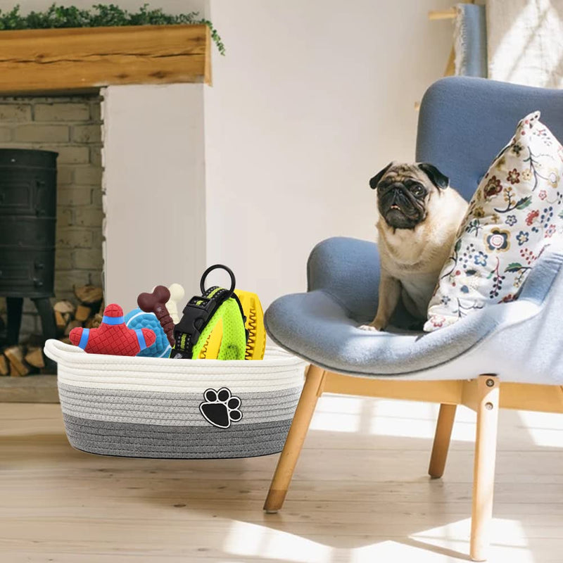 [Australia] - Small Woven Baskets for Organizing Rope Storage Basket with Handle Cute Cotton Basket for Nursery Gift Dog Toy Storage Bins for Toy Organizer Grey-white 
