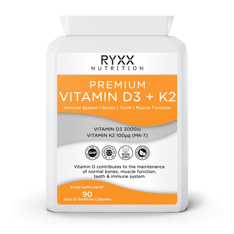 Vitamin D3 3000iu & K2 100µg (MK7) | High Strength Vitamin D3 + K2 Supplement | 90 Vegetarian Capsules | Made in the UK by RYXX