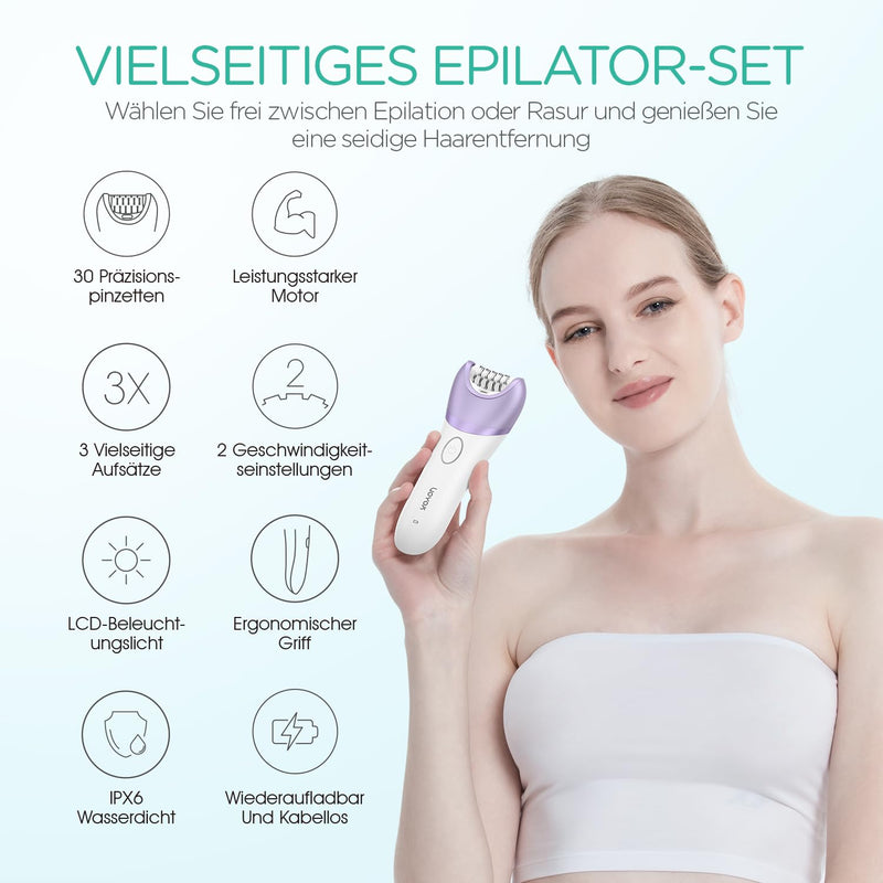 [Australia] - VOYOR Women's Epilator for Hair Removal, Electric Wireless Epilator, 3 Attachments for Shaver and Trimmer, Covered 30 Tweezers, Wet & Dry, with LCD Light BM300 (Purple) 