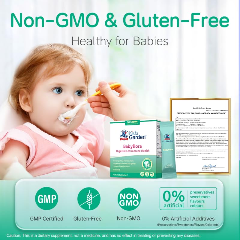 Kids Garden Babyflora Plus Probiotic Powder, Digestive & Immune Health Support for Children, 25 Sachets, Unflavored