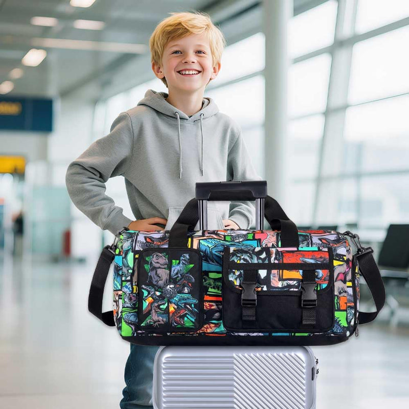 CCJPX Kids Duffle Bag for Boys, Travel Bag with Shoe Compartment, Dinosaur Weekender Carry-On Personalized Tote for Sport Gym (Black) Black Dinosaur