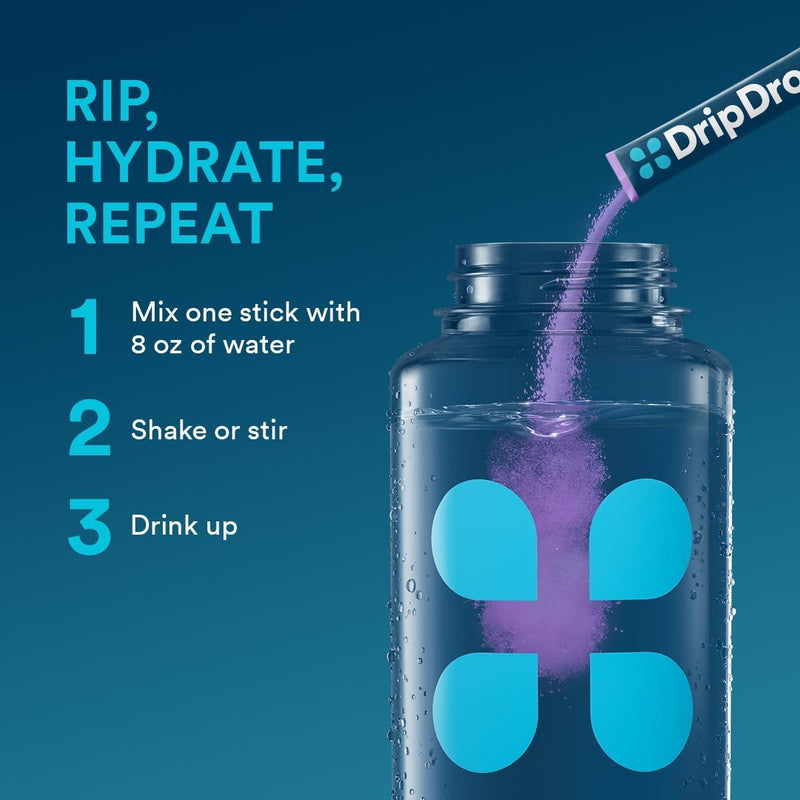 DripDrop Hydration Grape Electrolyte Packets, Powder Drink Mix, 32 Count | Grape; 3X Electrolytes; Potassium, Magnesium, Zinc, Vitamin C; Single Serve; Portable; Daily Use, Workouts, Travel