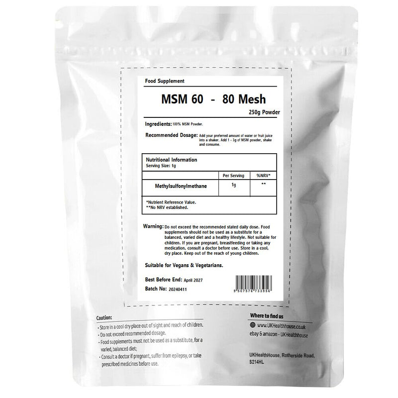 UKHealthHouse 100% Pure MSM Powder 250g – Vegan Methylsulfonylmethane Supplement – Joint, Muscle & Collagen Support – Food Grade Sulphur for Detox & Inflammation Relief