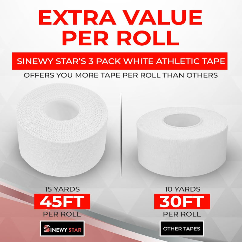 3-Pack White Athletic Tape, 45 Ft Sports Tape, Strong Adhesive Athletic Tapes & Wraps, Best Tape for Medical Trainers & Athlete, Suitable Tape for Hockey, Bats,Tennis, Gymnastics & Boxing 3-PACK