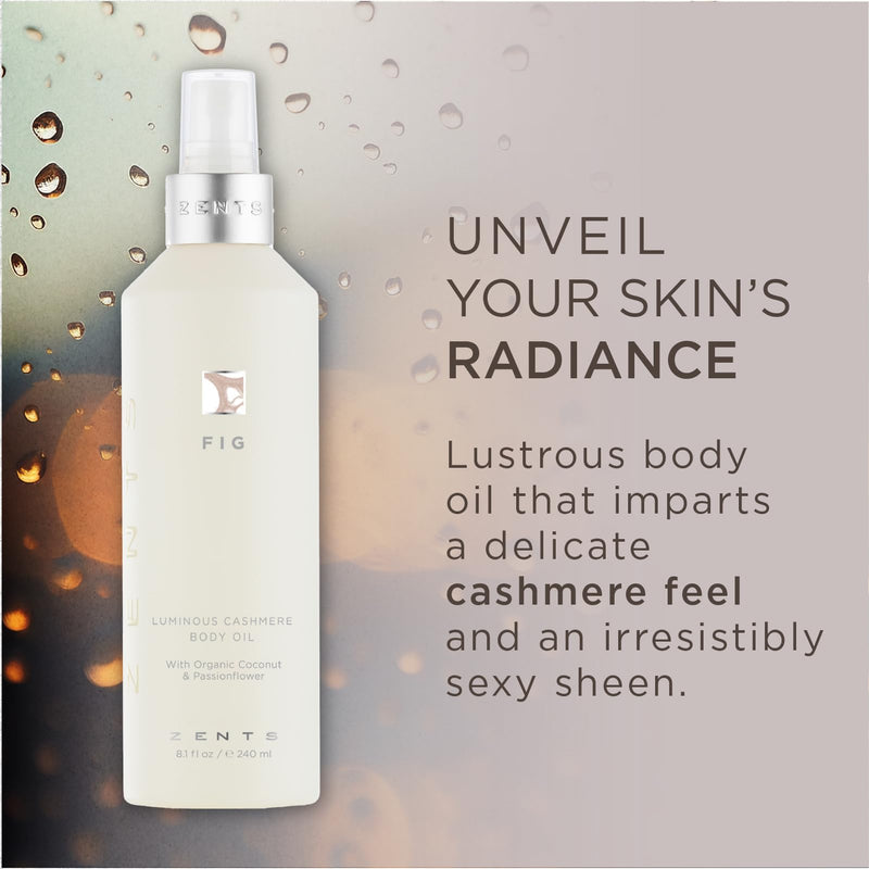 Zents Luminous Cashmere Body Oil (Fig Fragrance) 8 fl oz | Moisturizing Body Oil with Vitamin E & Organic Coconut Oil, Softens & Smooths Skin Fig