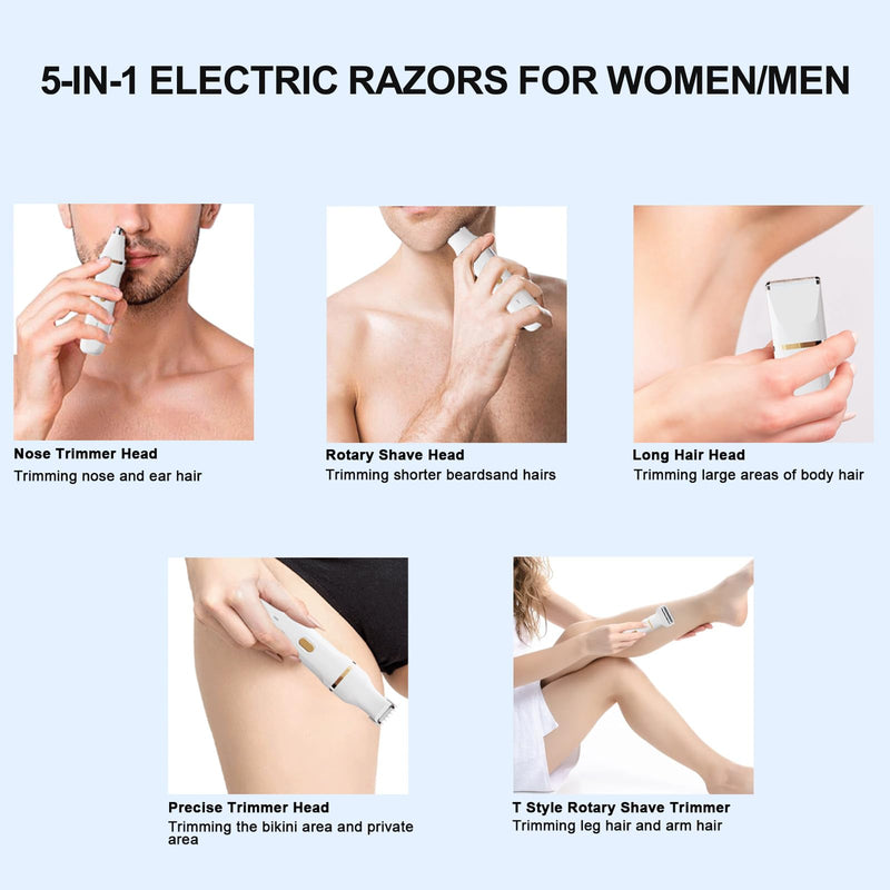 [Australia] - ele ELEOPTION Electric Razors for Women 5-in-1 Waterproof Wet Dry Electric Shaver with USB Charge Dock, Legs Hair Remover, Body Shaver for Beard Bikini Trimmer for Women White 