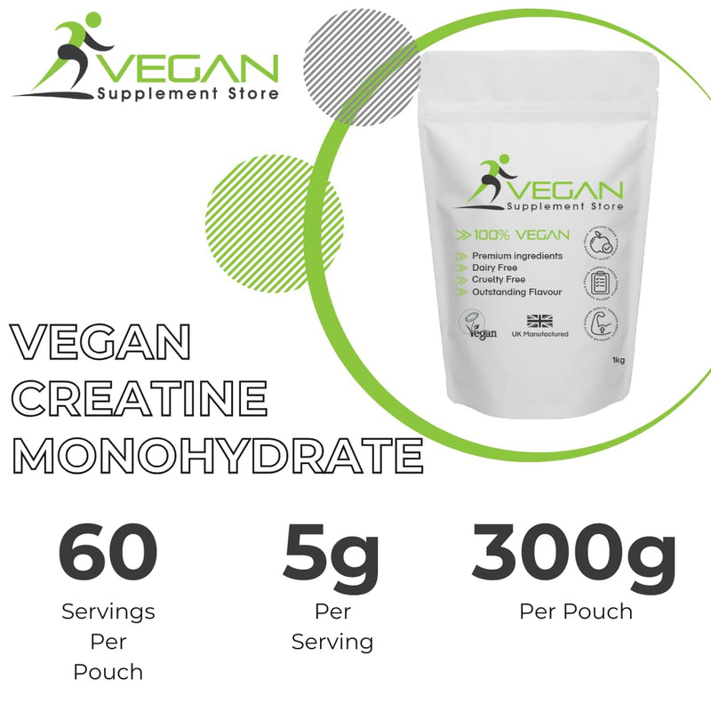 Vegan Creatine Powder | Creatine Monohydrate | No Dairy, No Gluten, No SOYA | 300g / 60 Servings