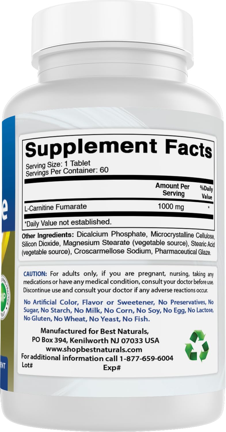 Best Naturals L-Carnitine 1000mg 60 Tablets (60 Count (Pack of 2)) 60 Count (Pack of 2)