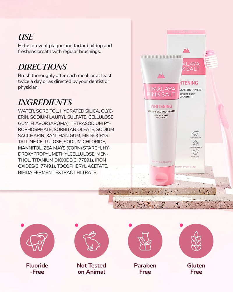 [Australia] - HIMALAYA PINKSALT Natural Whitening Toothpaste - Fluoride Free, Natural Toothpaste for Teeth Whitening, Gum Health Care, Plaque Remover - Spearmint Flavor, 3.9 oz (4 Packs) 3.9 Ounce (Pack of 4) 
