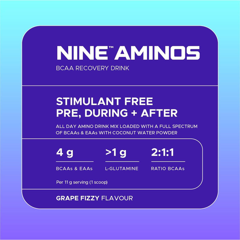 USN Nine Aminos – BCAA Amino Acids & EAA Essential Amino Acids Powder with Added Magnesium & Coconut Water Powder to Support Recovery and Hydration. Grape Fizzy Pop Flavour (330g – 30 Servings)