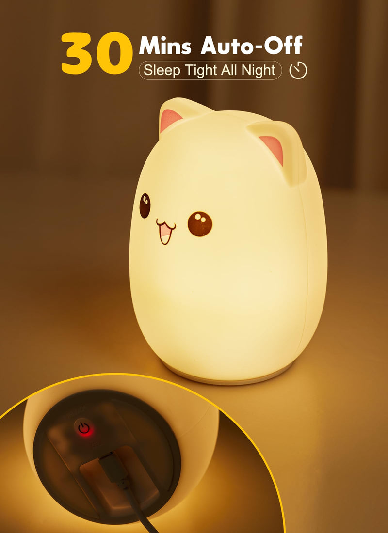 [Australia] - Minetom Night Light for Kids, Cute Silicone Kitty Night Light with 3 Levels of Brightness, 7 Colors Rechargeable Lamp for Bedroom, Girls and Boys, Nursery, Baby Gifts, Tap Control Kawaii Cat 