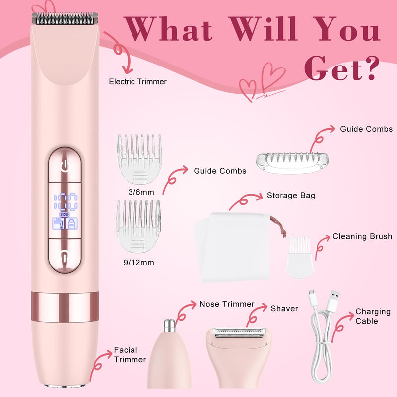 Hatteker 4-in-1 Women's Electric Razor, Dual-Head Body Hair Trimmer for Women, IPX7 Waterproof Rechargeable Bikini Trimmer & Facial Hair Remover for Legs, Armpits, Face, Nose, Eyebrows, Pink