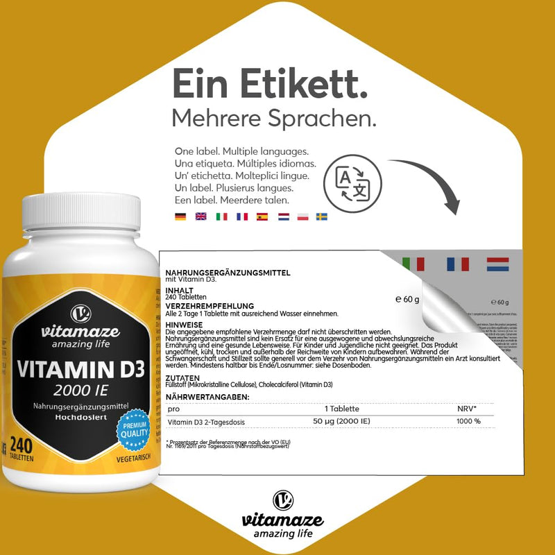 [Australia] - Vitamin D3 2000 IU high dose, supply for over 1 year, 50 mcg pure cholecalciferol per 2-day dose, sunshine vitamin for bones and immune system, Made in Germany Vitamin D3 2,000 IU 