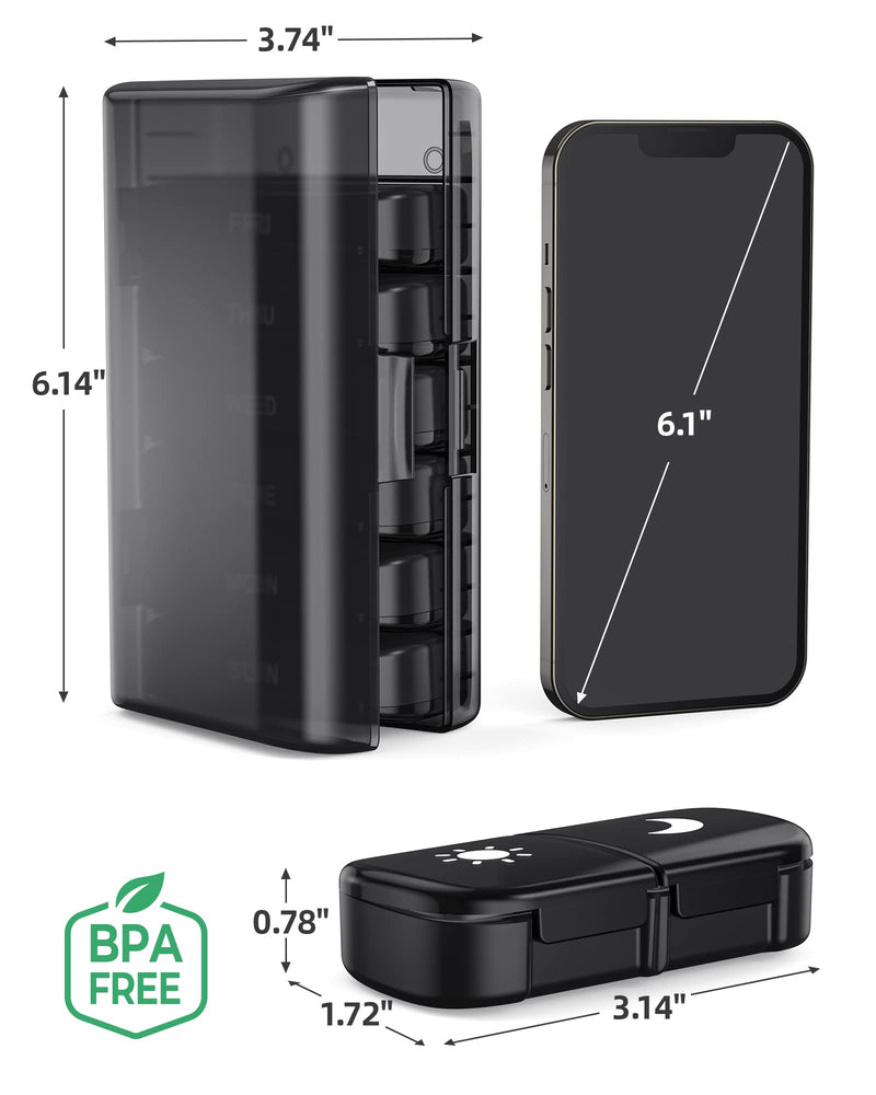 [Australia] - PULIV Extra Large Weekly Pill Organizer 2 Times a Day, One-Side Open Pill Box 7 Day for Easy Filling, Black Privacy Protection AM PM Pill Case for Vitamins, Medication, Supplements, Fish Oils Black 