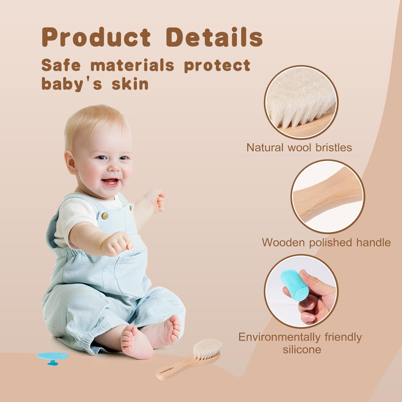 [Australia] - Baby Hair Brush and Cradle Cap Brush Set Goat Hair Bristles Brush 2 Pieces Silicone Cradle Cap Brushes Wood Handle Newborn Brush Kit for Newborns and Toddlers 3 Packs 