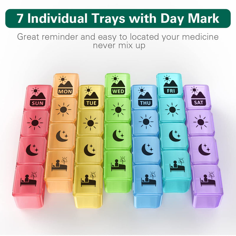 Fullicon Large Pill Organizer 4 Times a Day, 7 Day Pill Box, Black Rainbow | Each Compartment Holds 12 Fish Oils or 13 Vitamins, Clear Daily Icons, Durable Printing, Easy Open, Secure Snap Lids Multicolor