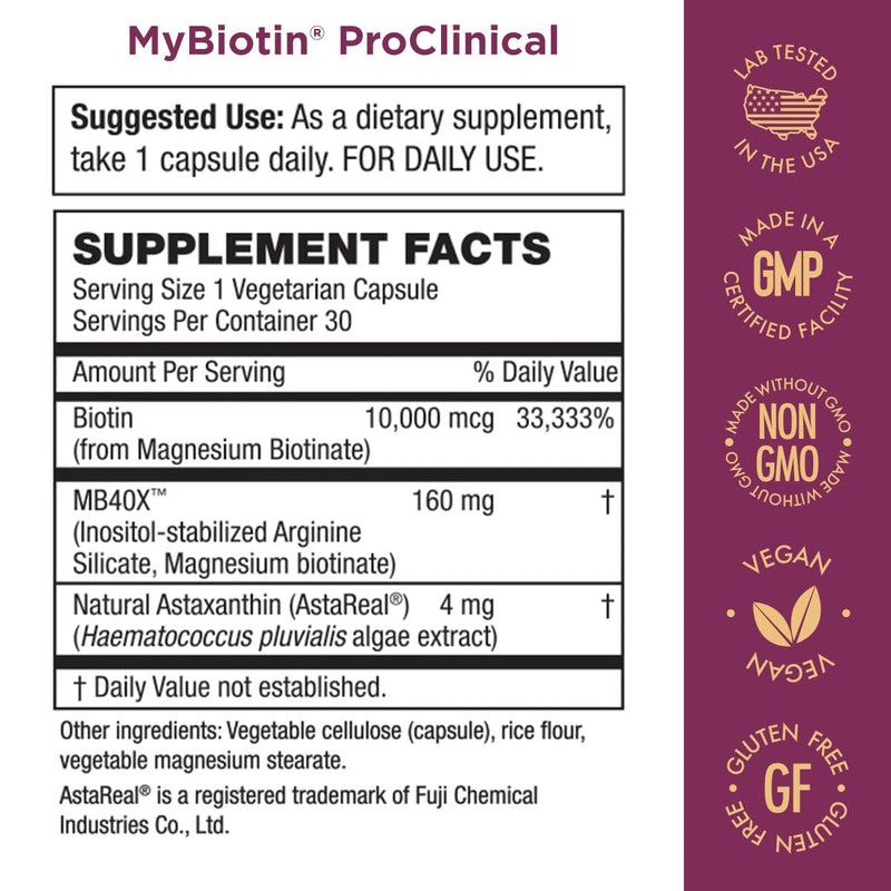 [Australia] - Purity Products MyBiotin ProClinical – Thicker Hair in 3 Weeks & Fights Wrinkles - MB40X Patented Biotin Matrix w/Astaxanthin 40X More Soluble vs Ordinary Hair, Skin Nails 30 Veg Caps 1 