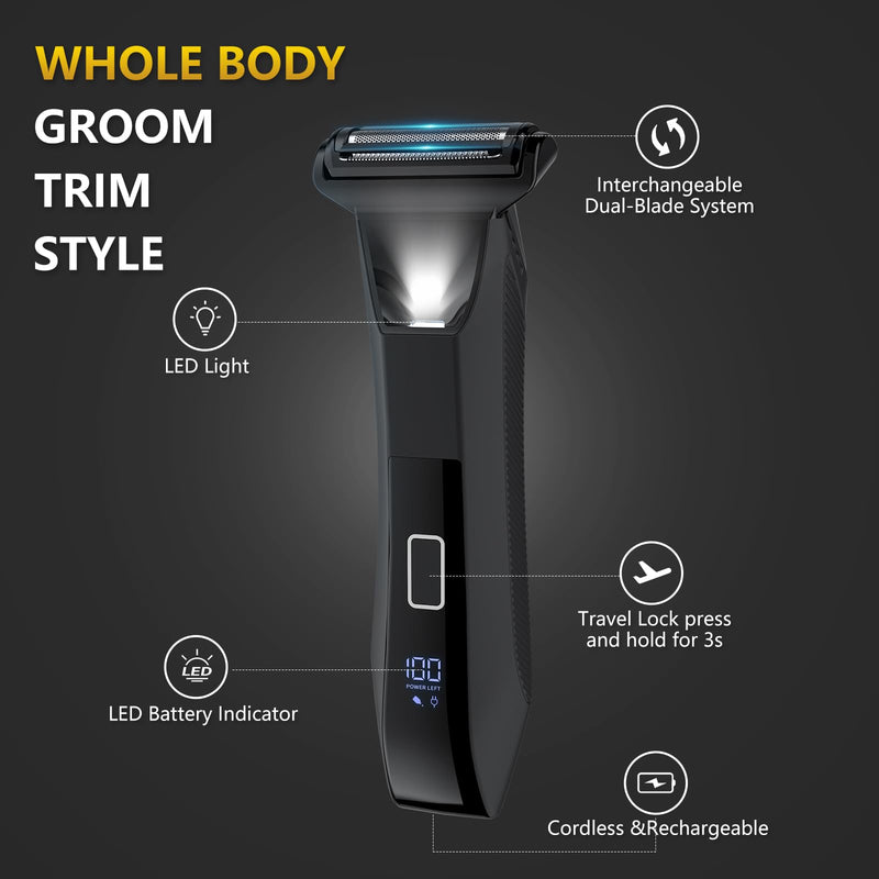 Manscaper Trimmer for Men, 2-in-1 Ball & Body Hair Groomer - Pubic & Groin Hair Shaver with Dual-Head, No-Nick Shaving, Smooth Grooming - Lightweight, Travel Lock, IPX7 Waterproof & LED Display Black