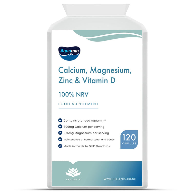 Calcium, Magnesium, Zinc & Vitamin D3 Supplement - 120 Capsules | for Bones, Teeth & Muscle Function | Easy to Swallow Capsules | Immune Booster | Vegan Friendly - Made in the UK by Hellenia