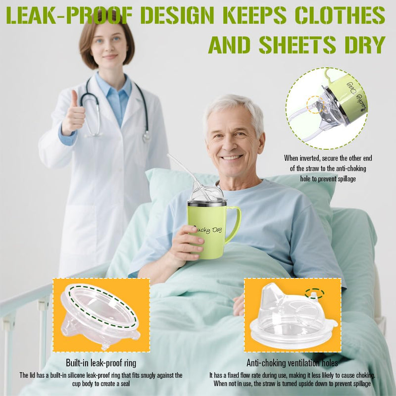 Adult Sippy Cups for The Elderly Non Spill, 3-in-1 Elderly Spill Proof Cups, 350ml Beakers for Elderly with Lid and 30cm Straw, Stainless Steel Dysphagia Cups with Handle for Elderly Patient Green