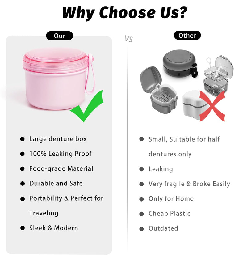 [Australia] - Denture Bath Case Cup Box Holder Storage Soak Container with Strainer Basket for Home or Travel Denture Cleaning (pink) pink 