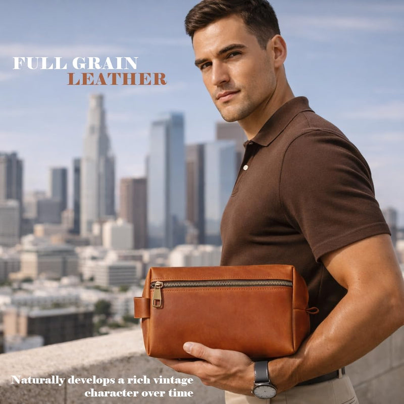 Leather Toiletry Bag for Men Handmade in USA – Full Grain Genuine Leather Dopp Kit with Waterproof Lining for Travel and Toiletries – Gifts for Men, Dad, Husband, Boyfriend, Friend