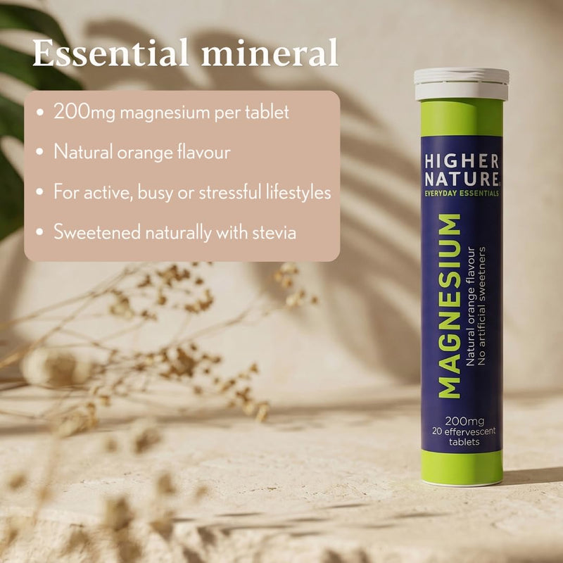 Higher Nature Magnesium Effervescent Tablets - 200mg Effervescent Supplement - Natural Orange Flavour - No Artificial Sweeteners - 60 Magnesium Tablets (Pack of 3 x 20) 20 count (Pack of 3)