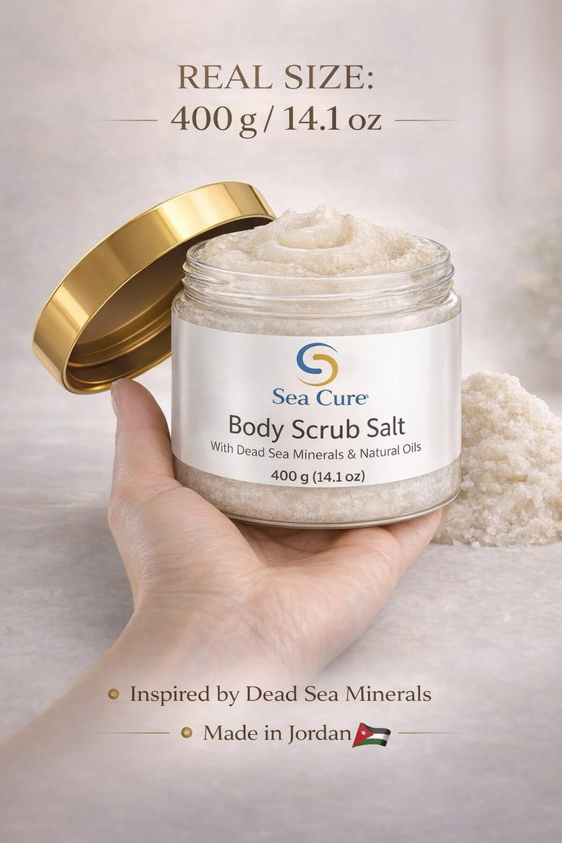 Sea Cure Dead Sea Salt Body Scrub – 400g (14.1 oz) – Natural Mineral Exfoliating Body Scrub for Face & Body with Lavender Extract, Sweet Almond Oil, Chamomile & Vitamin E – Made in Jordan
